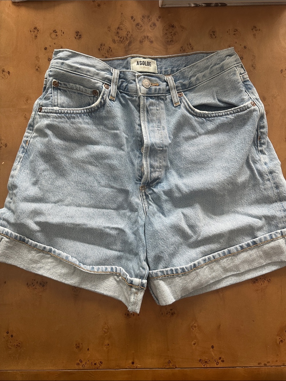 AGOLDE Light Wash High-Rise Rolled Hem Jean Shorts